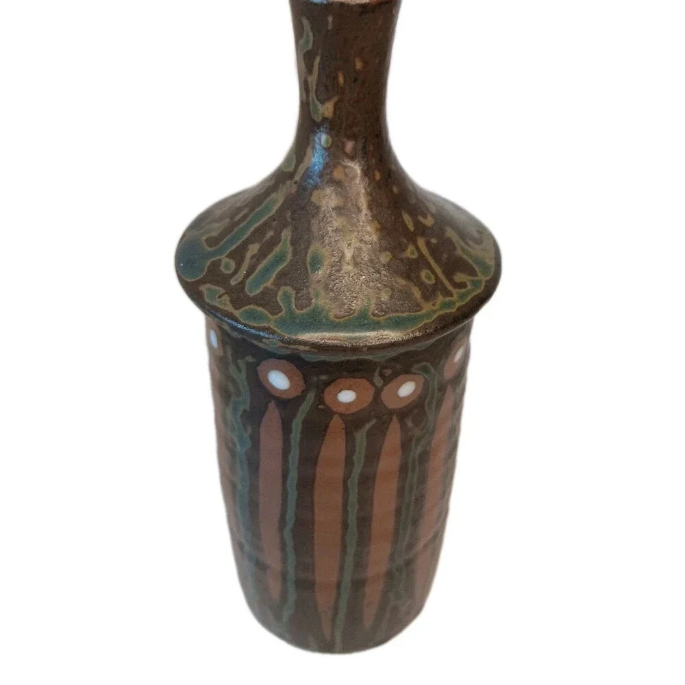 Vintage Fuyu Vase Brown Green Rust Genuine Stoneware Made In Japan 8